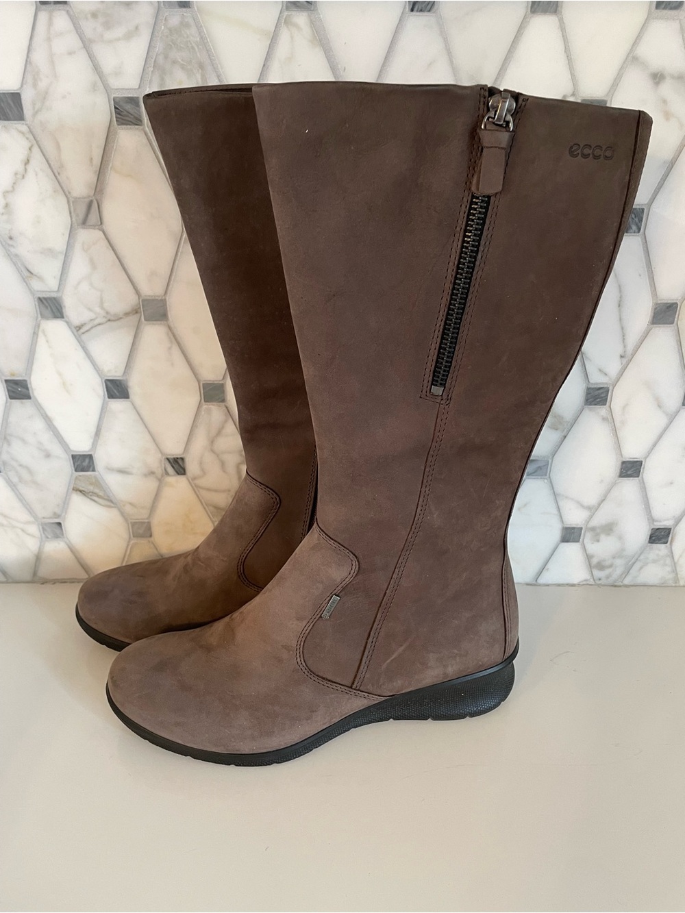 ECCO Babett Wedge Tall Boots Women 36 US 5-5.5 Espresso Brown Side Zip
